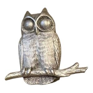 Vintage Pewter Owl Brooch Signed PG Textured Bird on Branch Pin J18